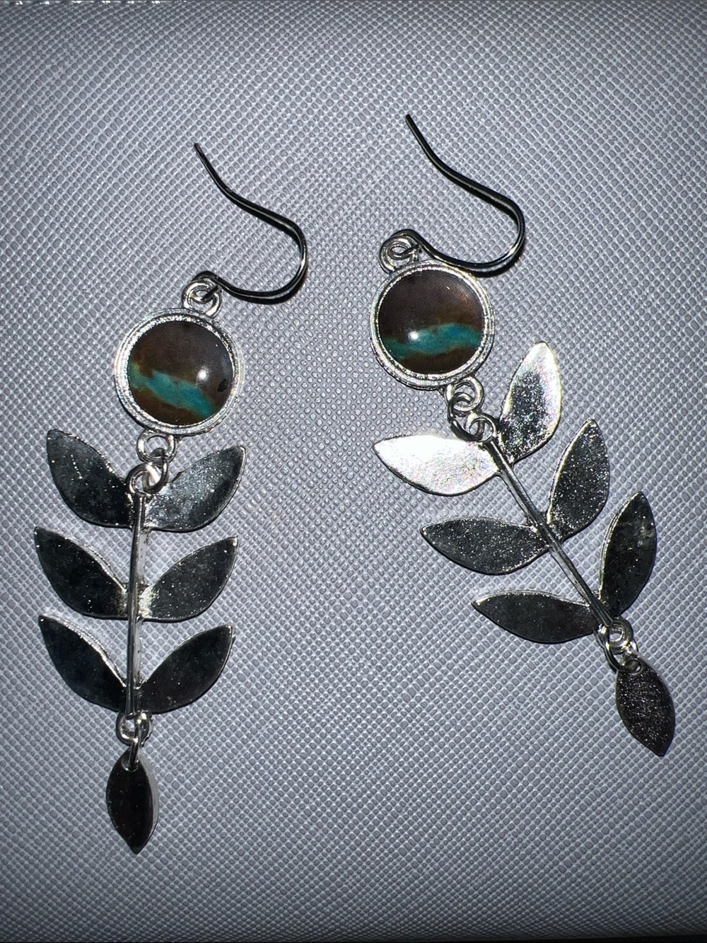 Silver Leaf Drop Earrings with Teal Accent